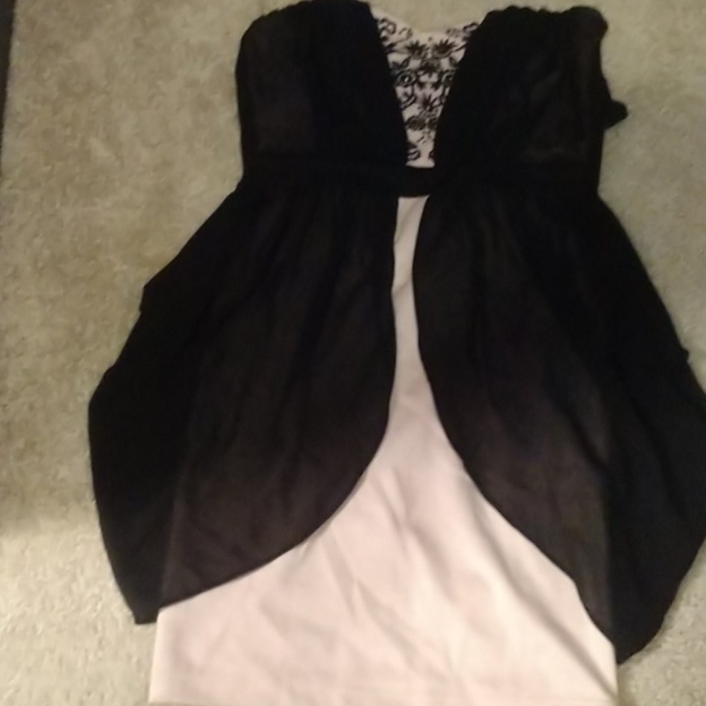 Pink and black strapless fitted mini dress